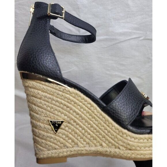 Guess Womens Black Espadrille-Style Wedge Sandals Raffia Sole Gold Logo Sz 10M - Picture 4 of 13